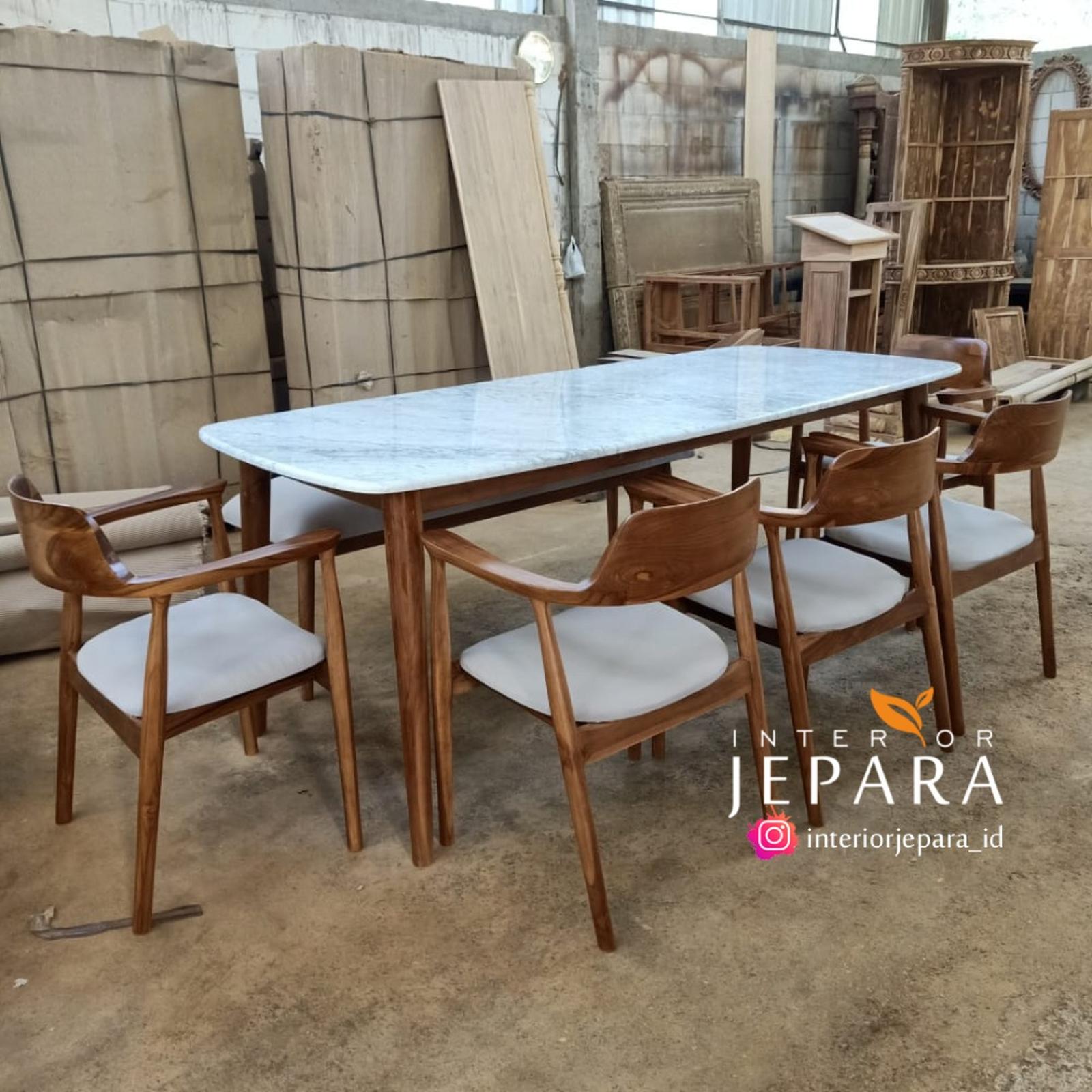 Meja Makan Kayu Jati Minimalis Top Marmer 6 Kursi Modern