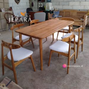 Meja Makan Minimalis Kaki Retro 6 Kursi Bahan Kayu Jati