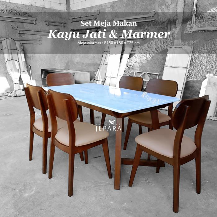 Meja Makan Minimalis 6 Kursi Kayu Jati Top Marmer Modern