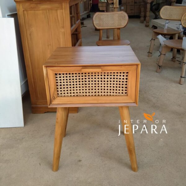 Bedside Table Minimalis Rotan dan Kayu Jati Interior Jepara