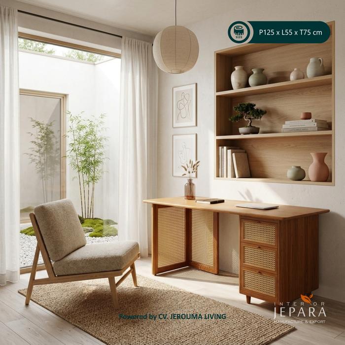 OHAIO Meja Kerja Modern Minimalis Kayu Jati Mix Rotan Alami