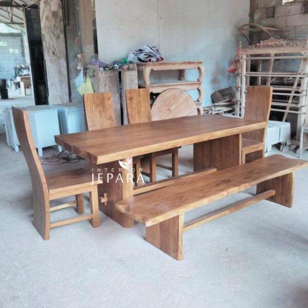 Set Meja Makan Kayu Jati Tebal Kontruksi Kuat Model Minimalis Klasik