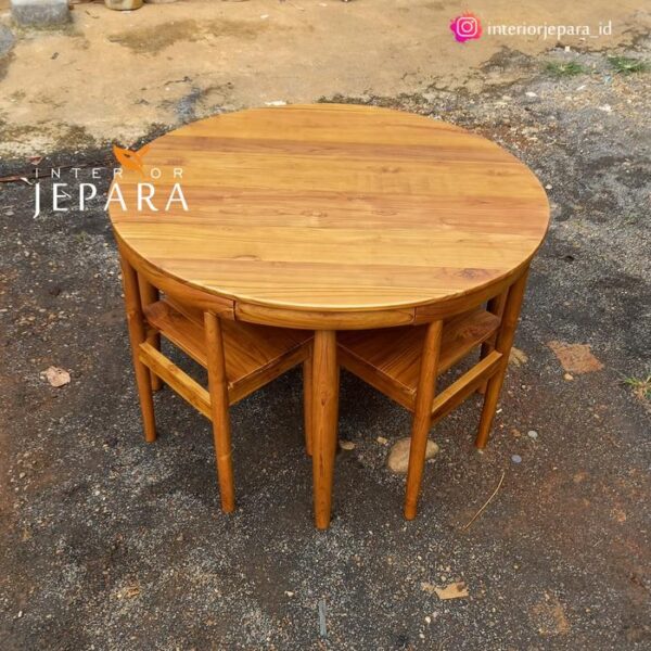 Set Meja Makan Bulat Klasik Minimalis Kayu Jati