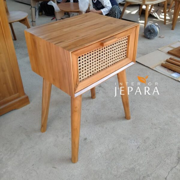 Bedside Table Minimalis Rotan dan Kayu Jati Interior Jepara
