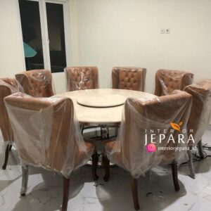 Meja Makan Rolling Top Marble 8 Kursi Stainless Steel