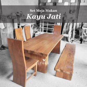 Set Meja Makan Kayu Jati Tebal Kontruksi Kuat Model Minimalis Klasik