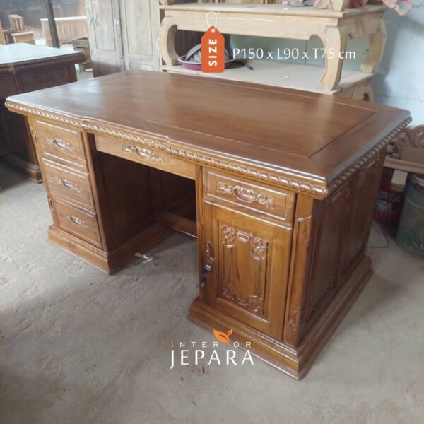 Meja Kantor Motif Ukiran Etnik Bahan Full Kayu Jati