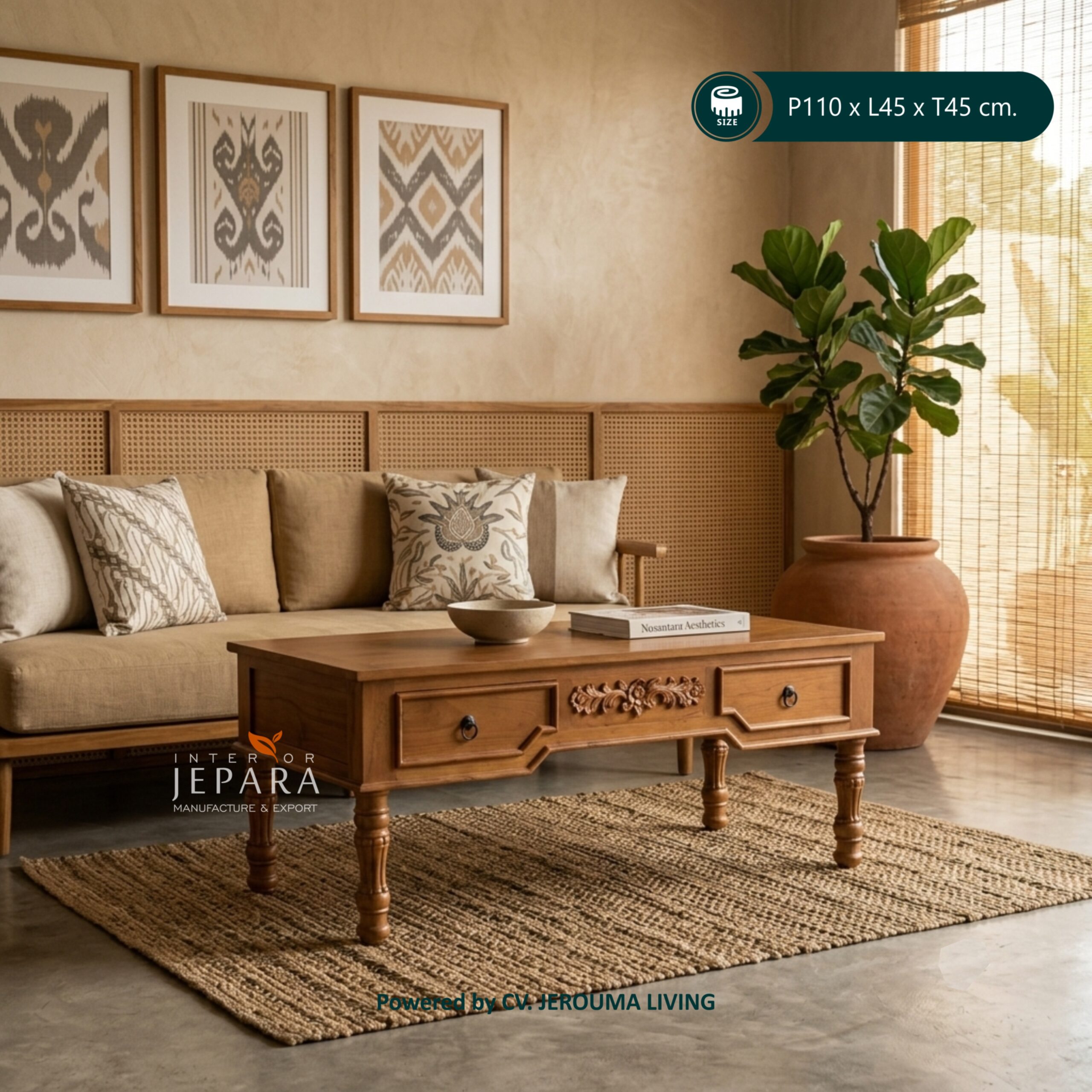 Meja Tamu Klasik Ukiran Kayu Jati 2 Laci – Coffee Table Jepara