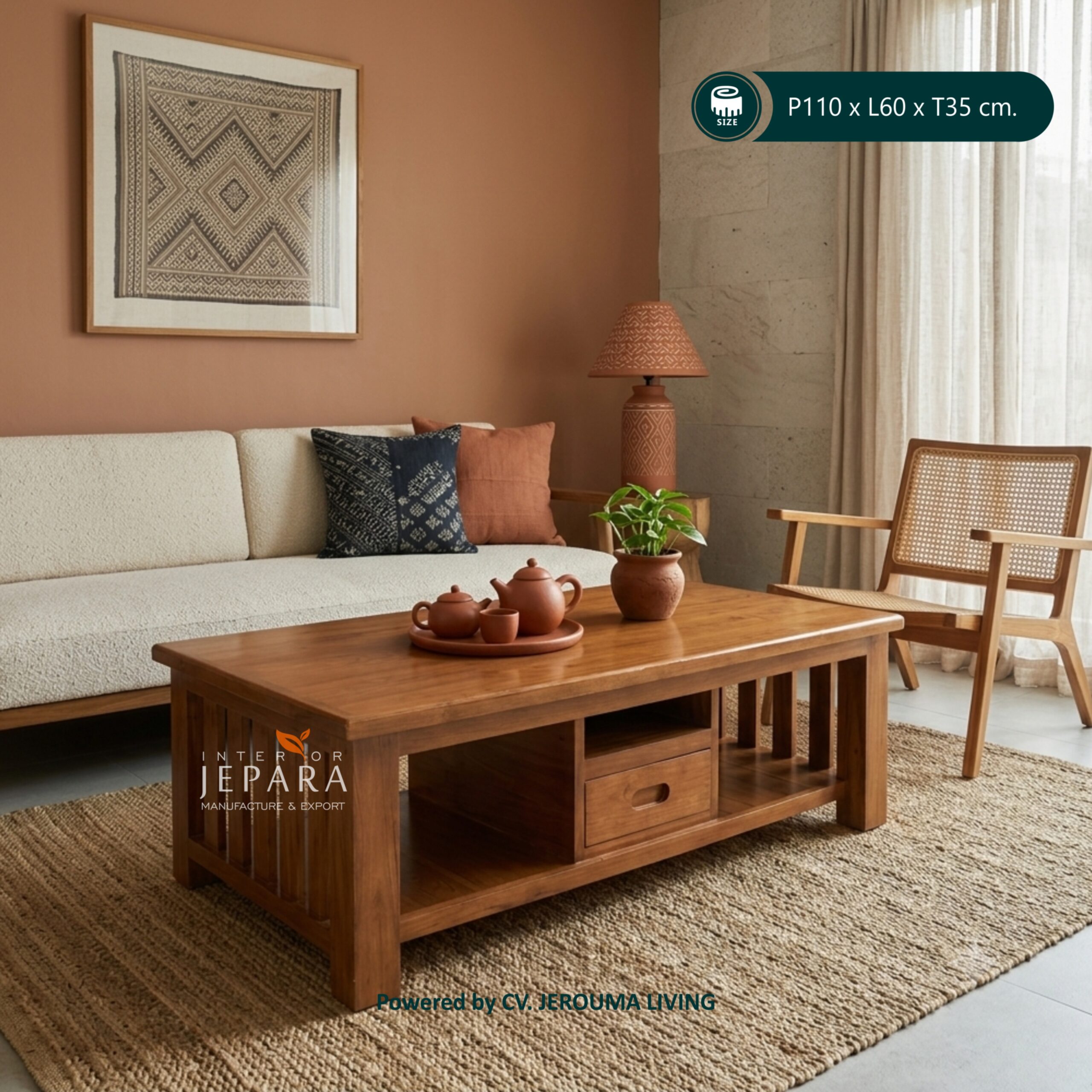 Meja Tamu Minimalis Kayu Jati 1 Laci – Coffee Table Jepara