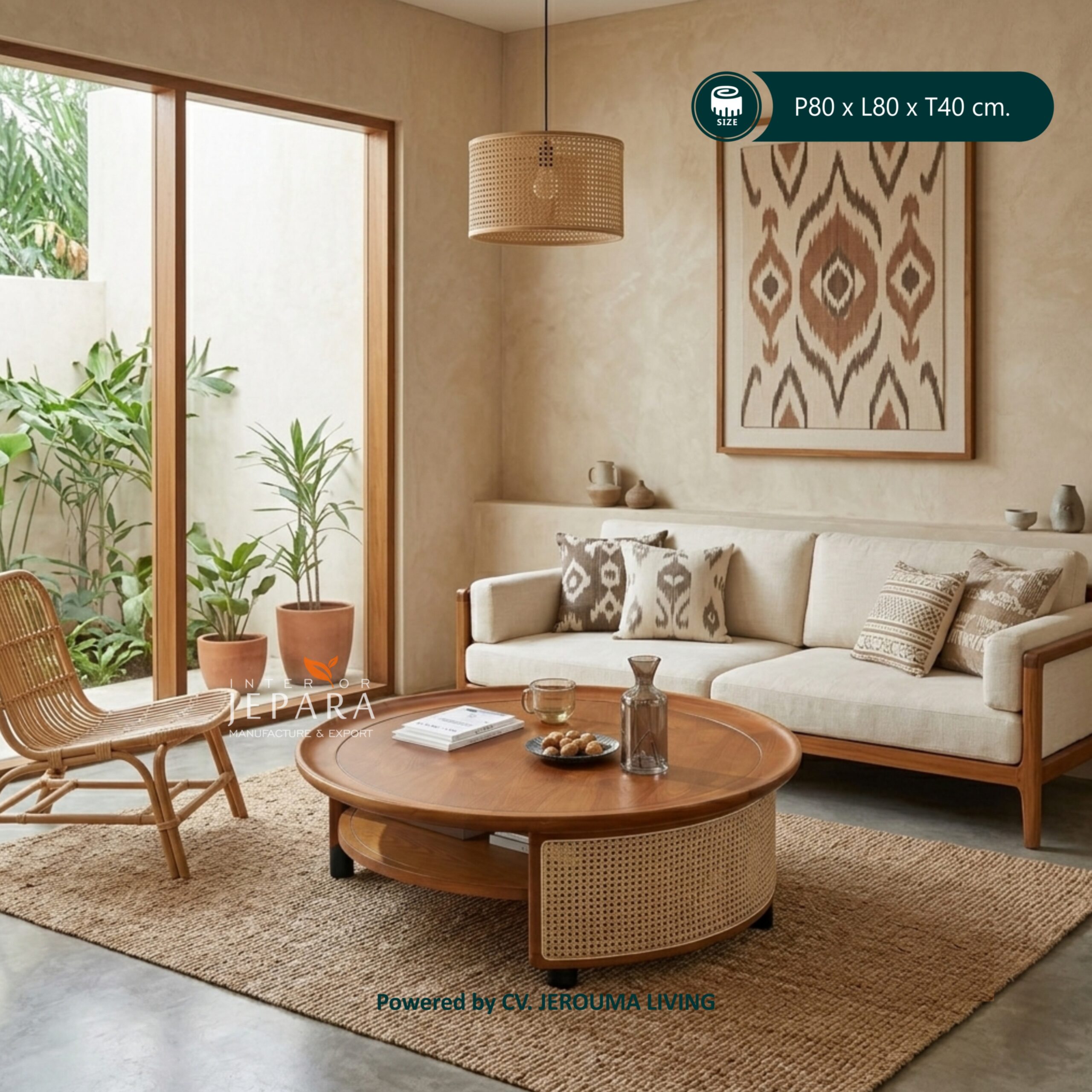 Meja Tamu Oval Kayu Jati Anyaman Rotan – Coffee Table