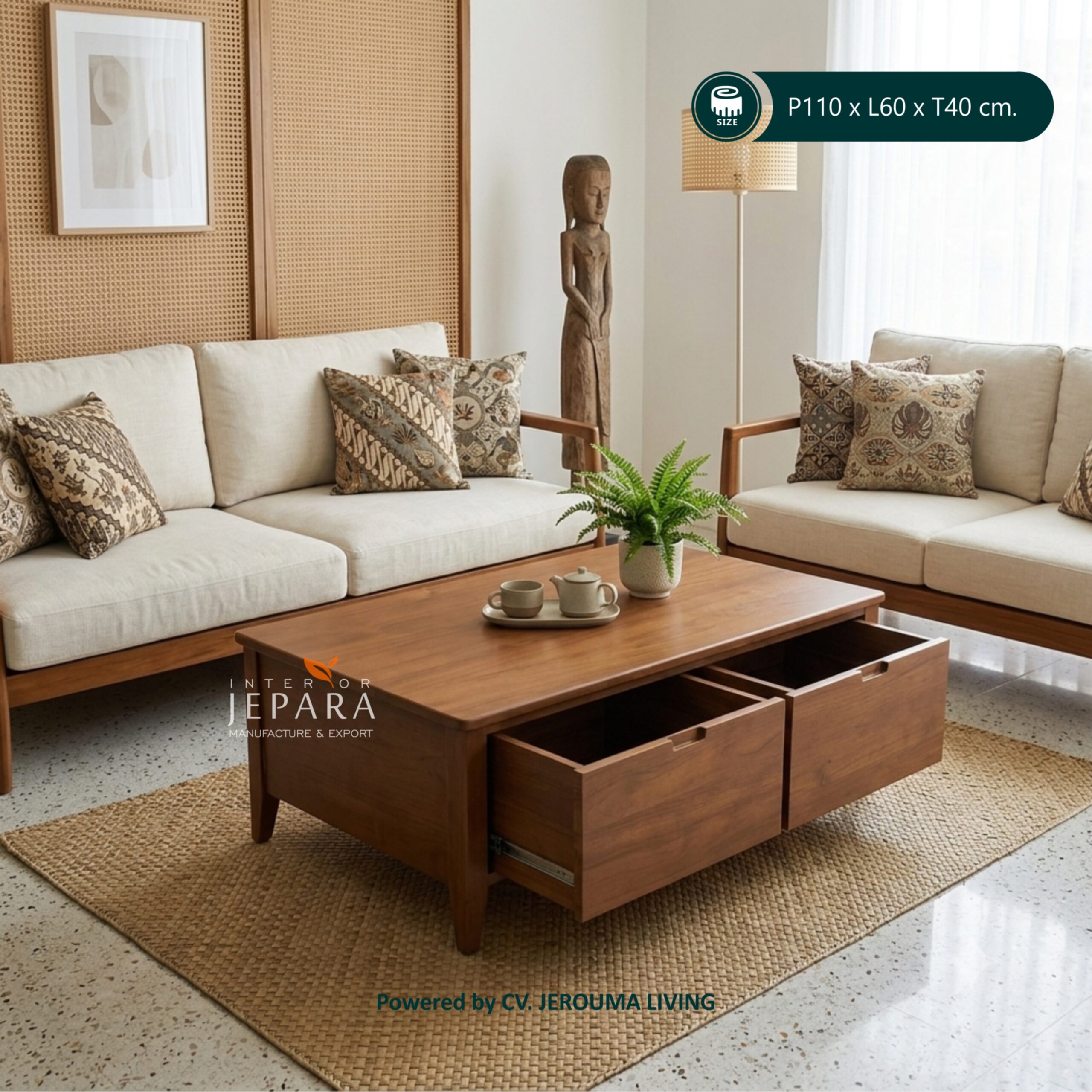 Meja Tamu Minimalis 2 Laci Kayu Jati – Coffee Table Jepara