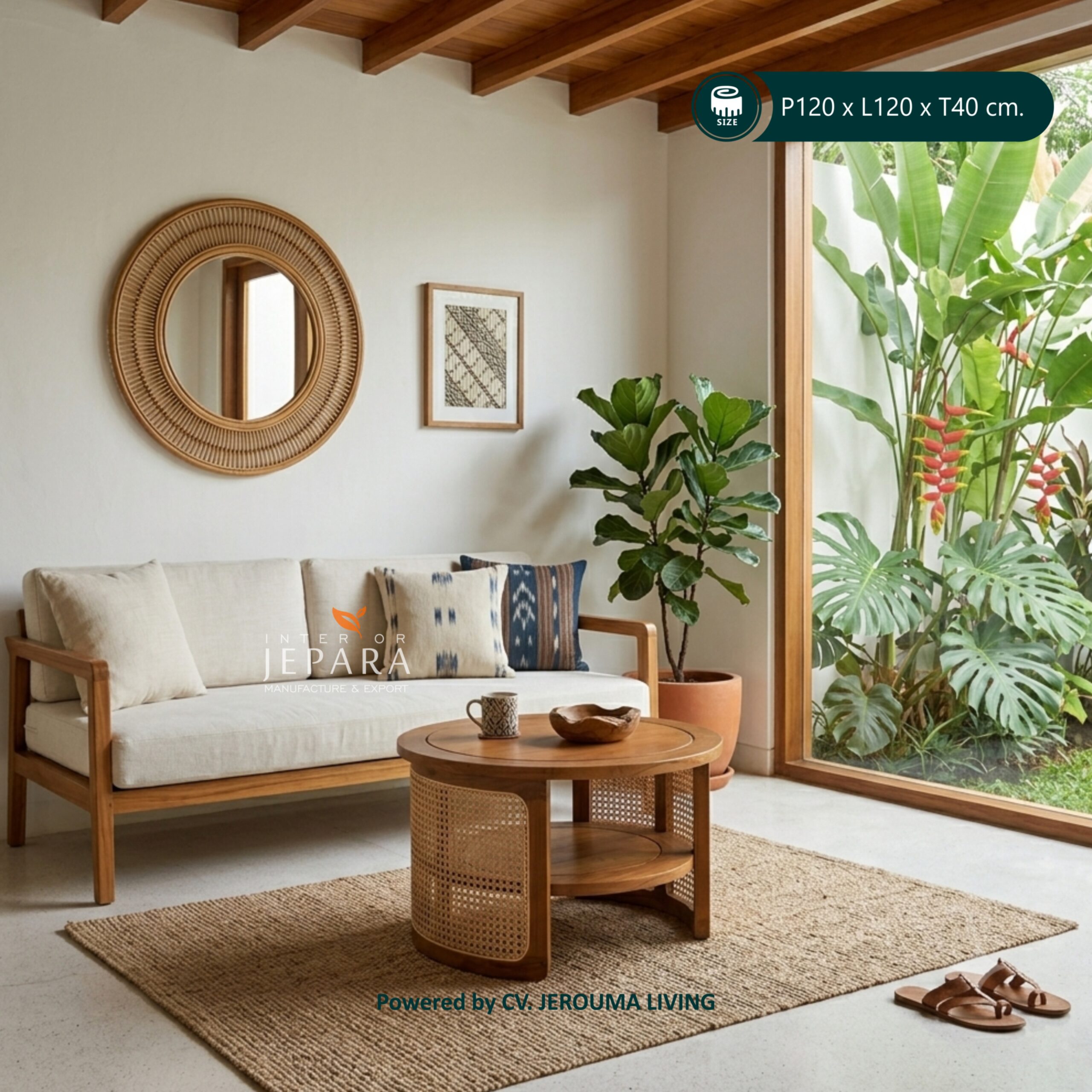Meja Tamu Bulat Kayu Jati Anyaman Rotan – Coffee Table Jepara