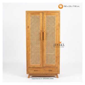 Lemari Pakaian Model Japandi Kayu Jati Kombiansi Rotan