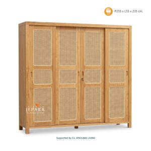 Lemari Pakaian Japandi 4 Pintu Geser Kayu Jati Minimalis