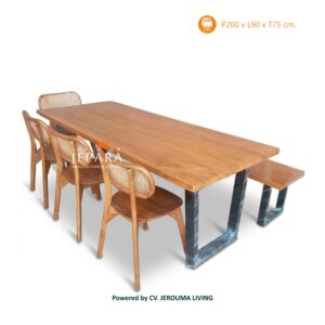 Meja Makan Kayu Jati Minimalis 200 cm Kaki Besi Industrial