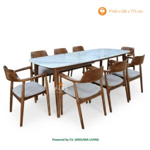 Meja Makan Kayu Jati Minimalis Top Marmer 6 Kursi Modern