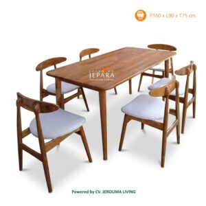 Meja Makan Minimalis Kaki Retro 6 Kursi Bahan Kayu Jati