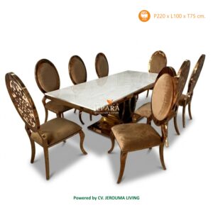 Set Meja Makan Luxury Modern Gold – Elegance Dining Table & Chairs Jepara