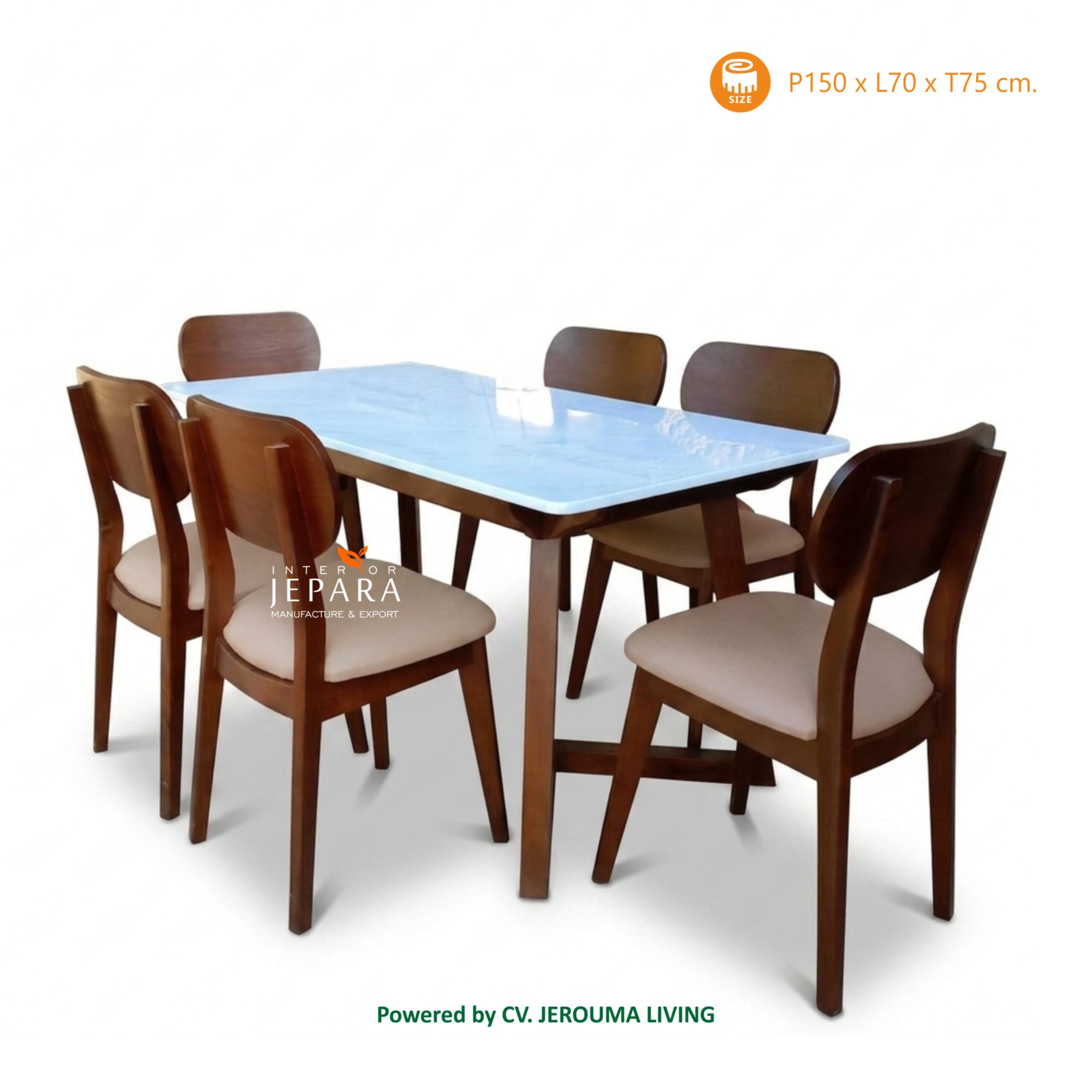 Meja Makan Minimalis 6 Kursi Kayu Jati Top Marmer Modern