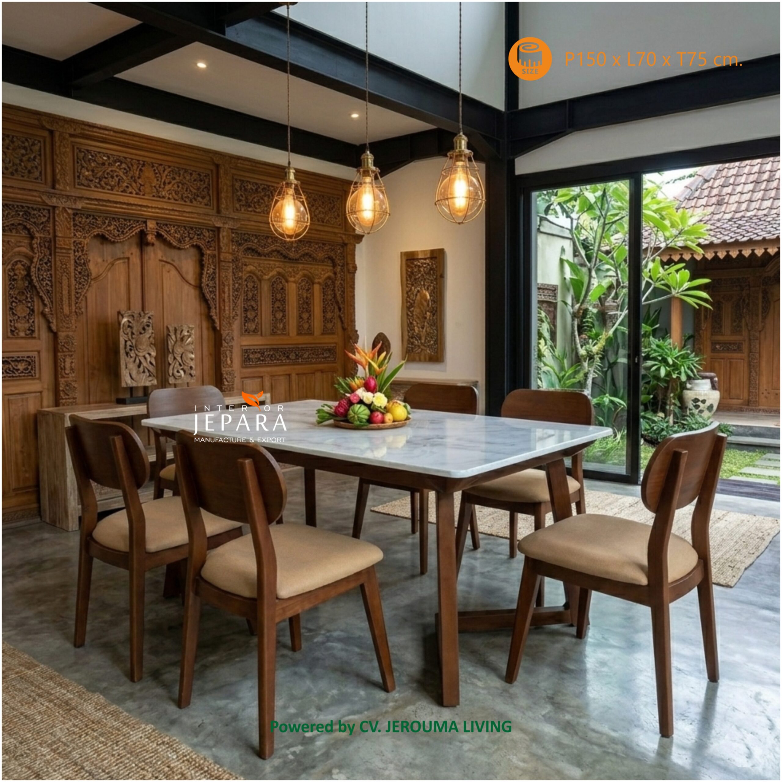 Meja Makan Minimalis 6 Kursi Kayu Jati Top Marmer Modern