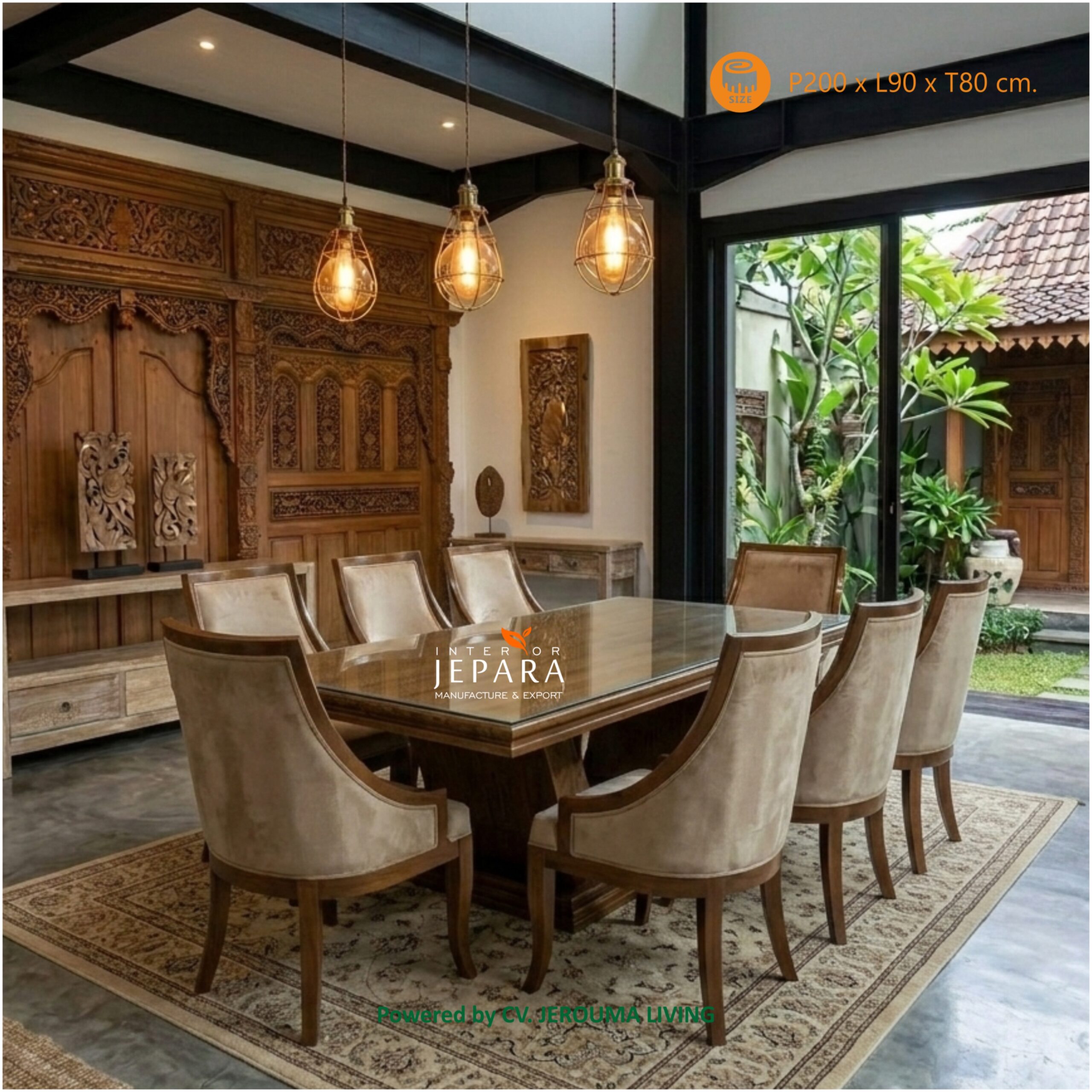 Meja Makan Motif Perahu Kayu Jati 8 Kursi