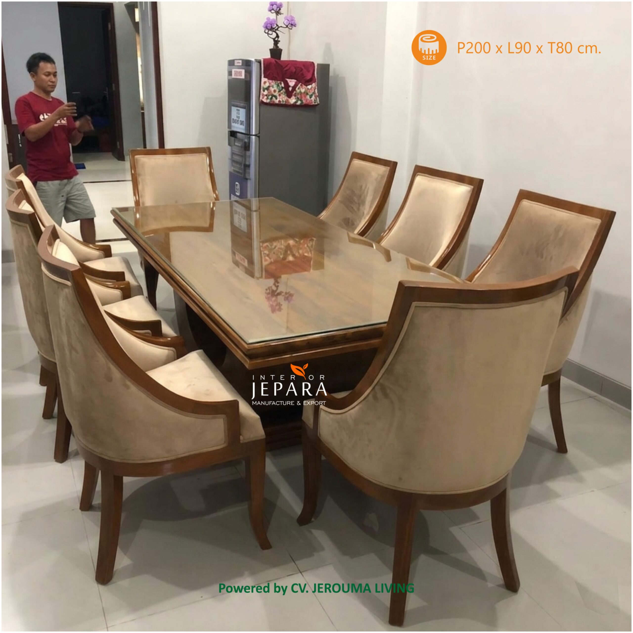 Meja Makan Motif Perahu Kayu Jati 8 Kursi