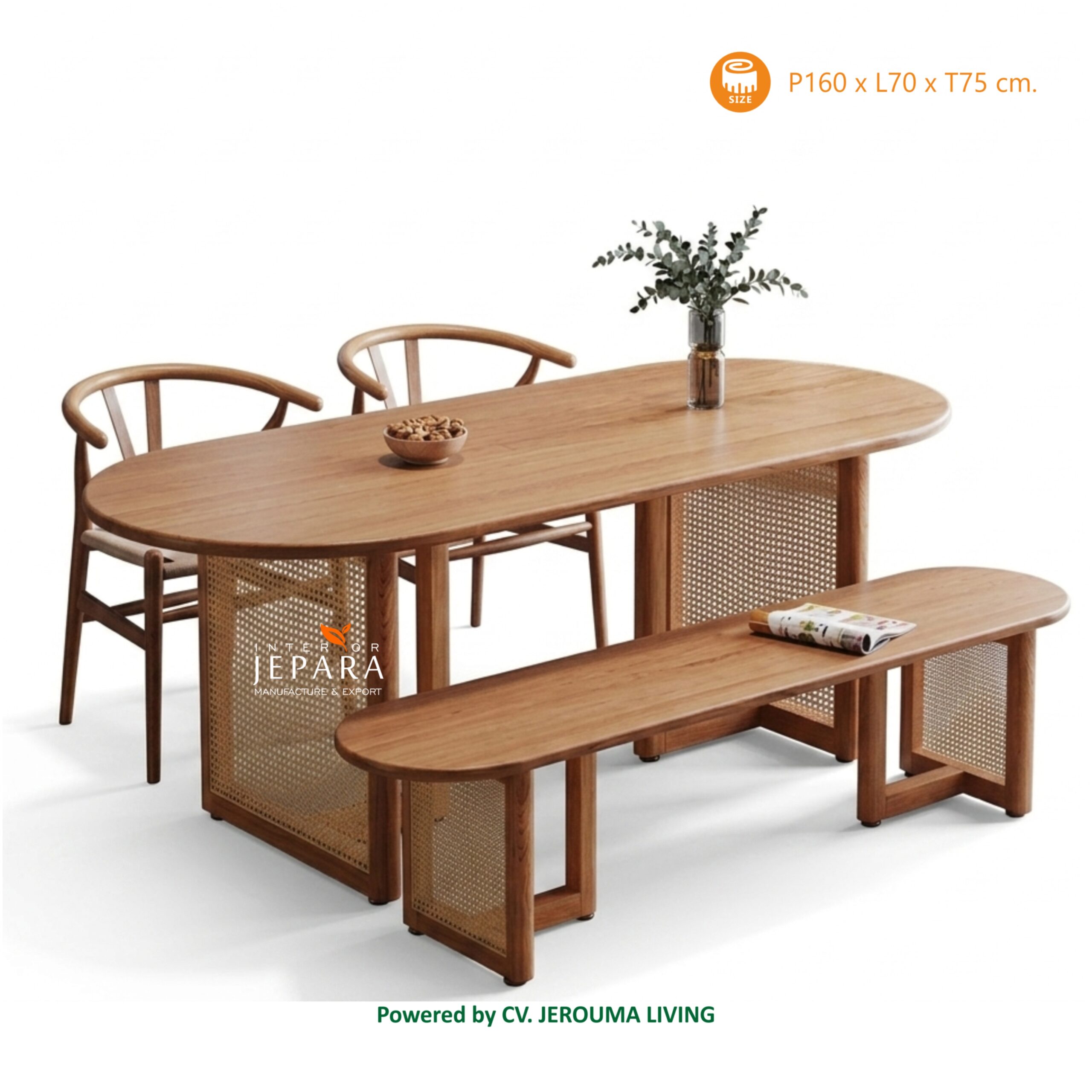 Meja Makan Oval Rotan Kayu Jati Minimalis Scandinavian