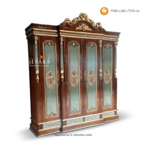 Lemari Pakaian Klasik Mewah 4 Pintu Ukiran Elegan Kayu Jati