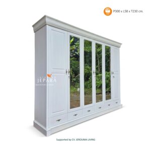 Lemari Pakaian Minimalis Elegan 6 Pintu Cermin Putih Klasik
