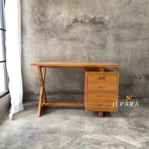 Meja Kerja Minimalis Kayu Jati dengan Laci