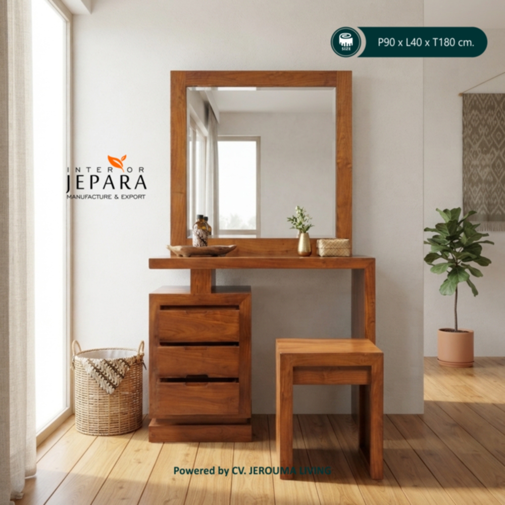 Meja Rias Kayu Jati Minimalis dengan Cermin & 3 Laci