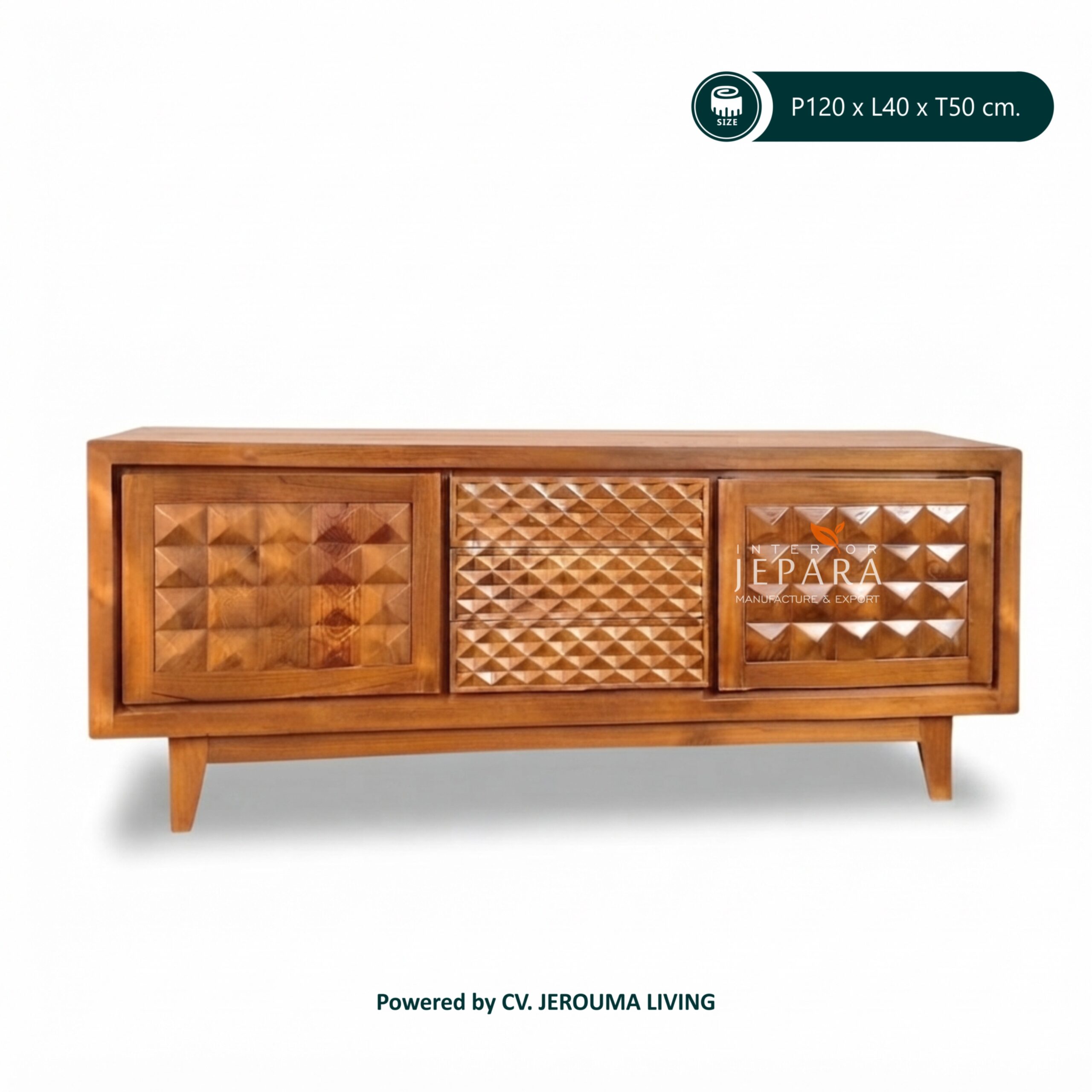Meja TV Kayu Jati Minimalis Motif Geometris – Bufet TV Modern