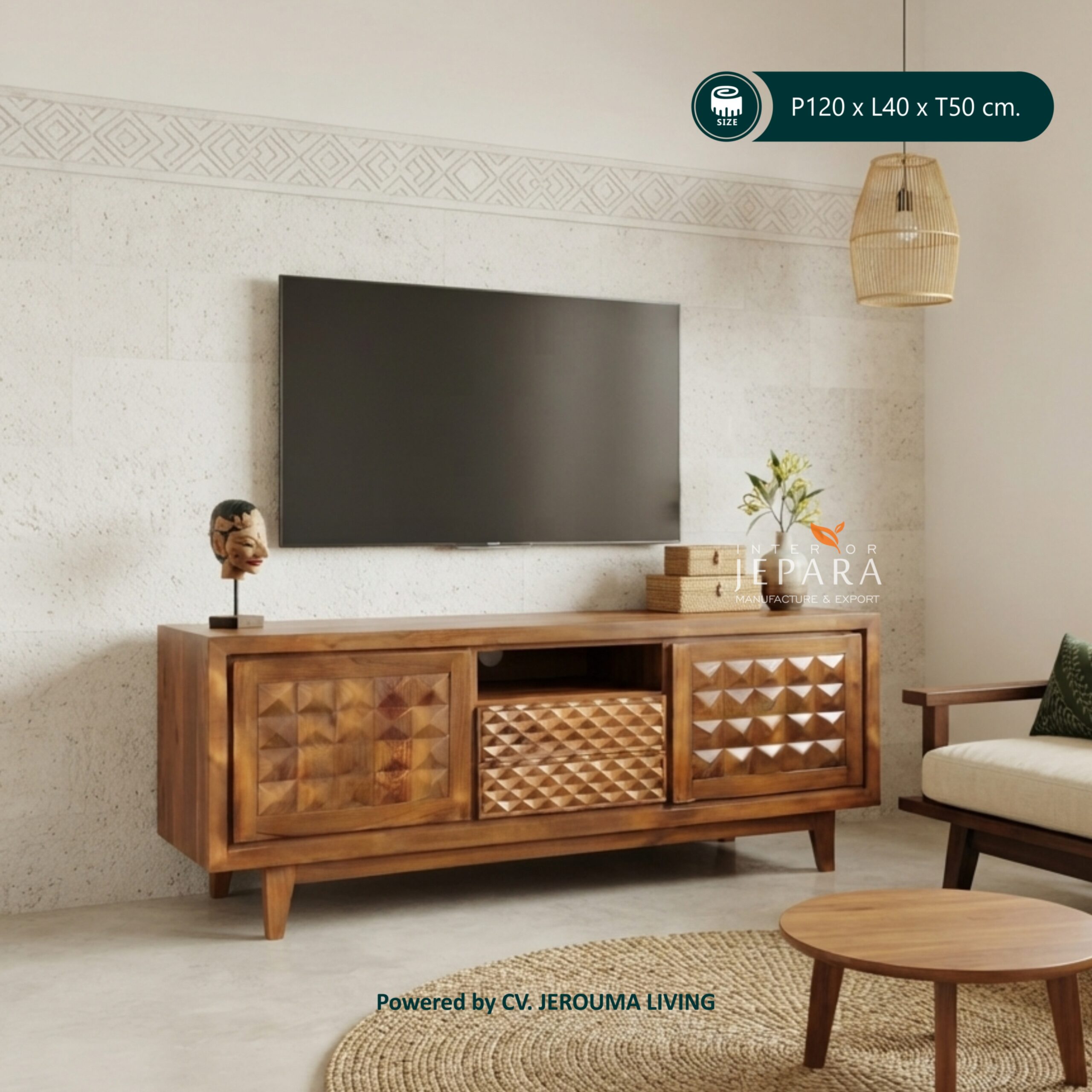 Meja TV Kayu Jati Minimalis Motif Geometris – Bufet TV Modern