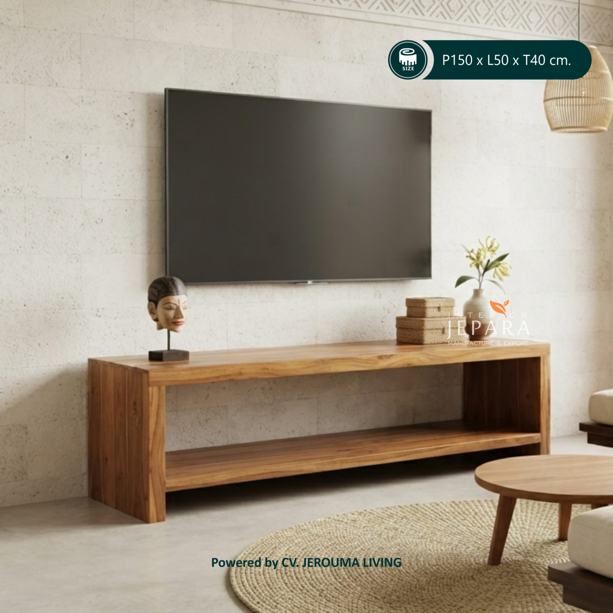 Meja TV Kayu Jati Tebal 5 cm, Desain Minimalis dan Kuat untuk Ruang Tamu