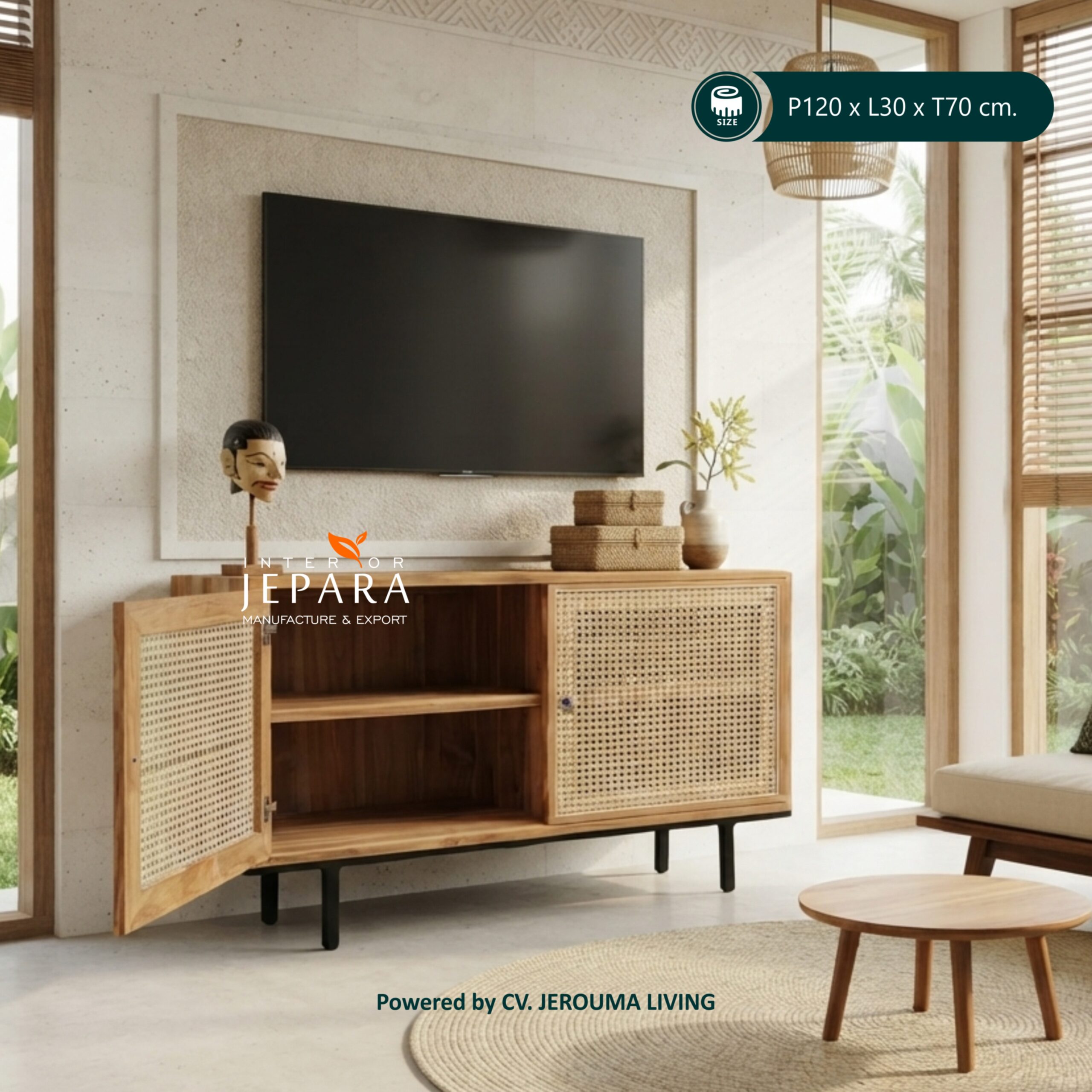 Bufet TV Kayu Jati Rotan Minimalis 2 Pintu – Interior Jepara