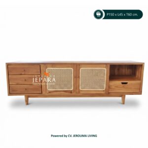 Bufet TV Kayu Jati Rotan Minimalis 150 cm – Interior Jepara