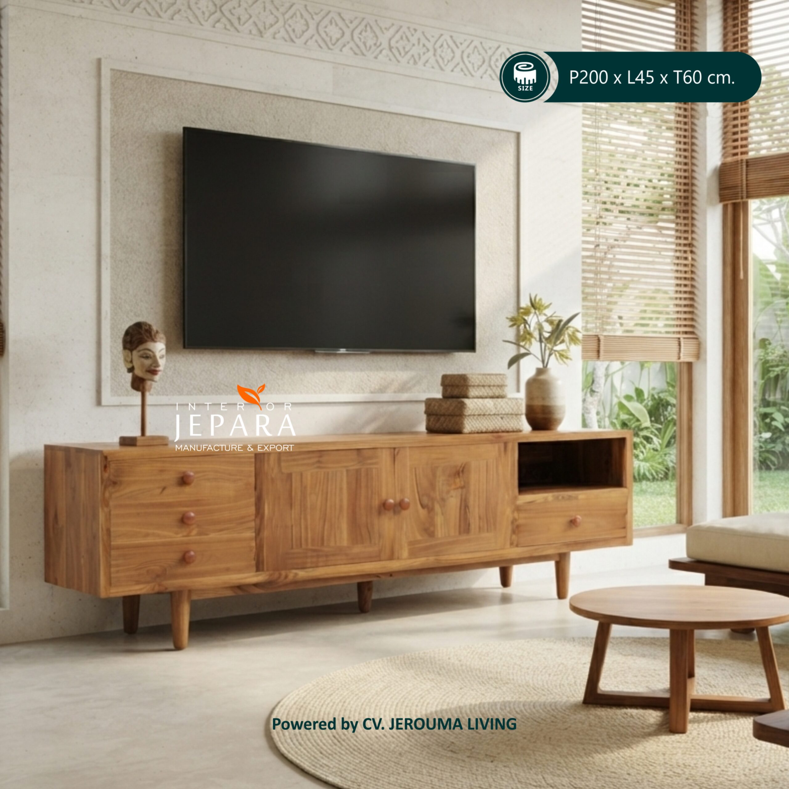 Meja TV Kayu Jati Minimalis Modern 200 cm | Buffet TV Jepara
