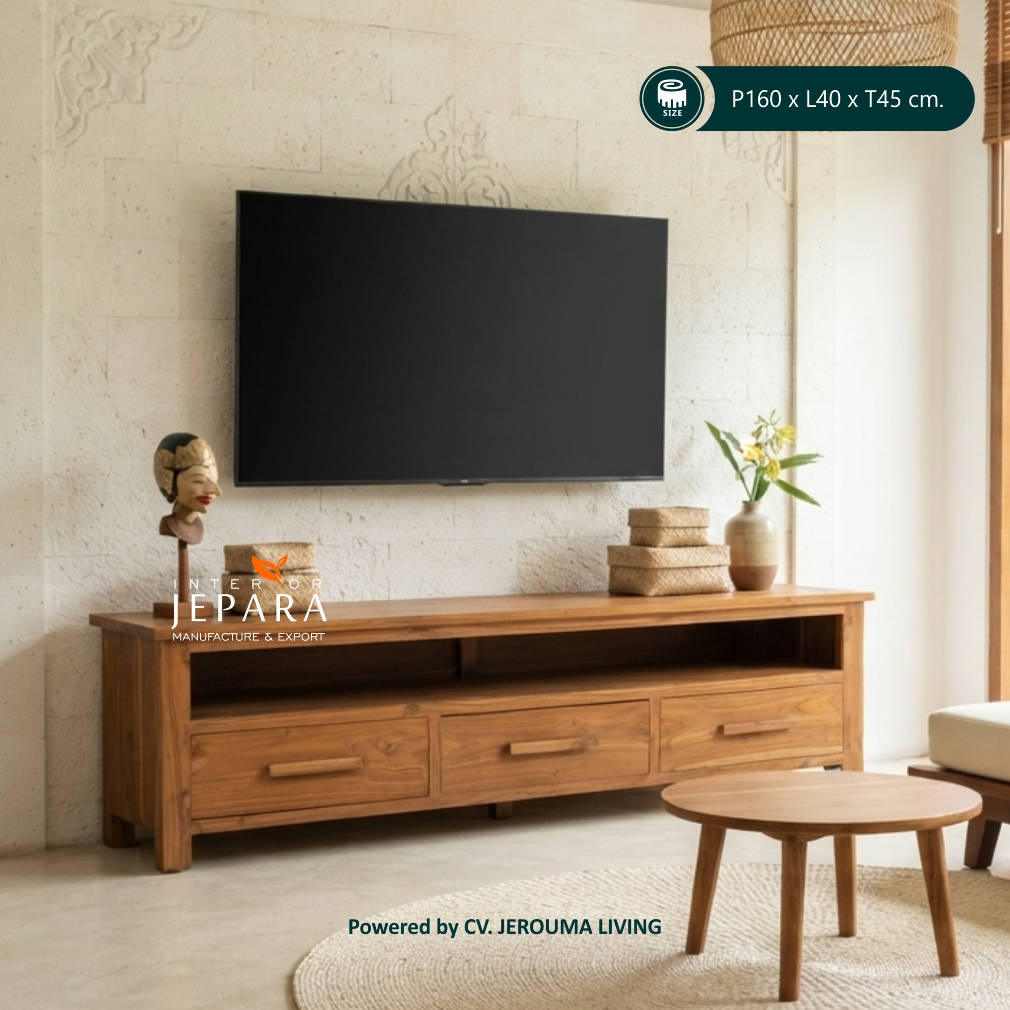 Meja TV Kayu Jati Minimalis 160 cm | Rak TV Jati Jepara Modern - Image 2