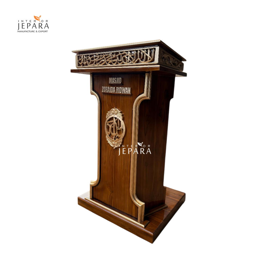 Mimbar Masjid Kayu Jati Ukir Kaligrafi Elegan – Interior Jepara