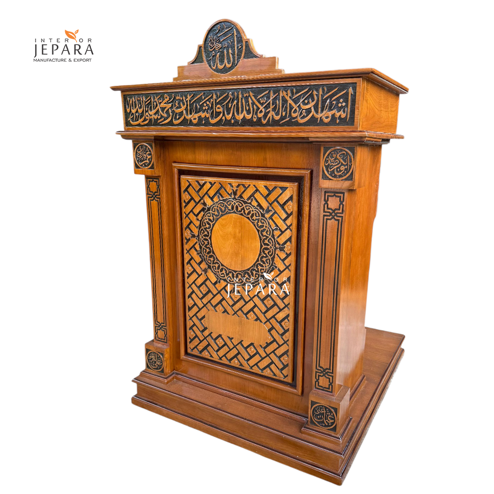 Mimbar Masjid Kayu Jati Jepara Ukiran Kaligrafi Arab Klasik Elegan