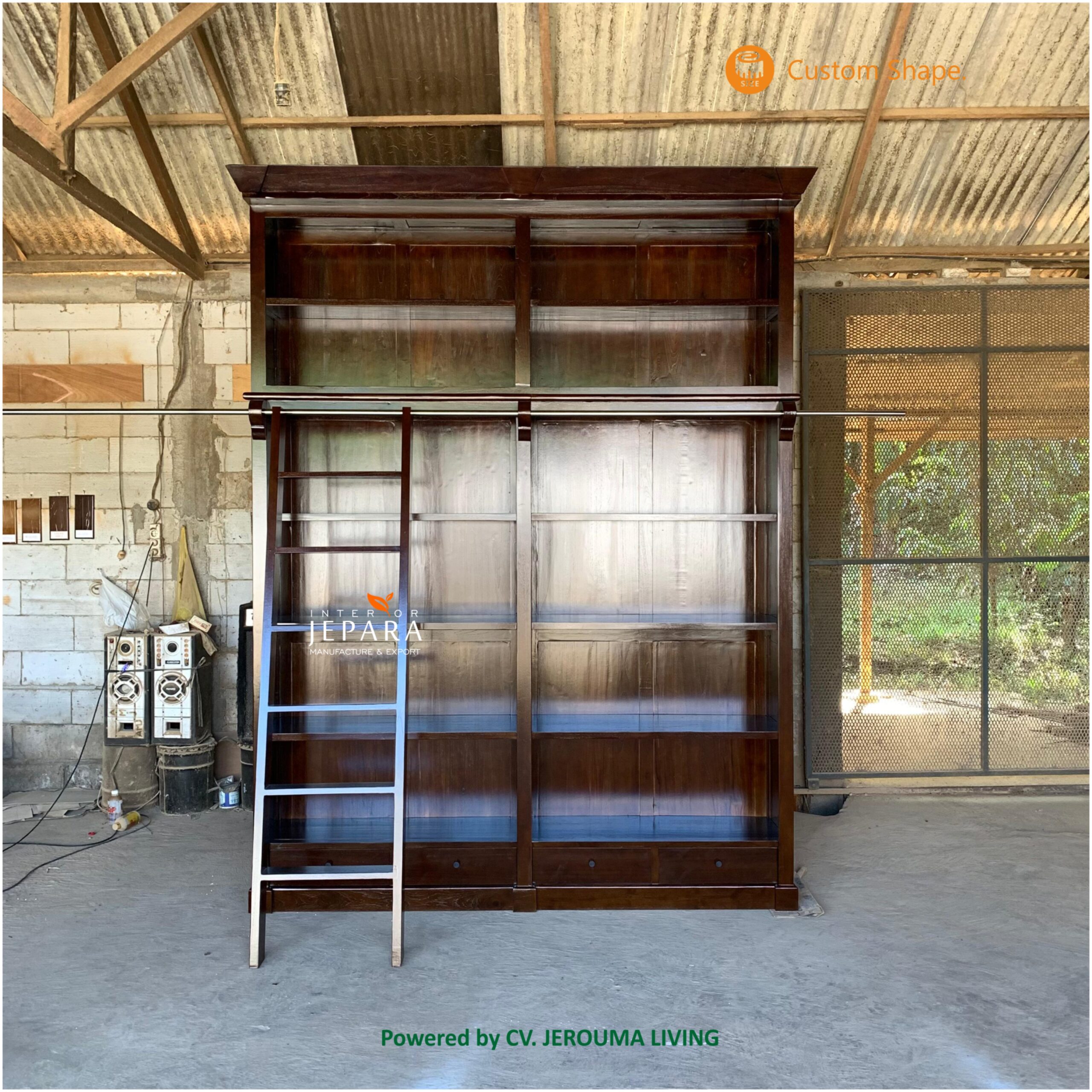 Lemari Perpustakaan Kayu Jati dengan Tangga