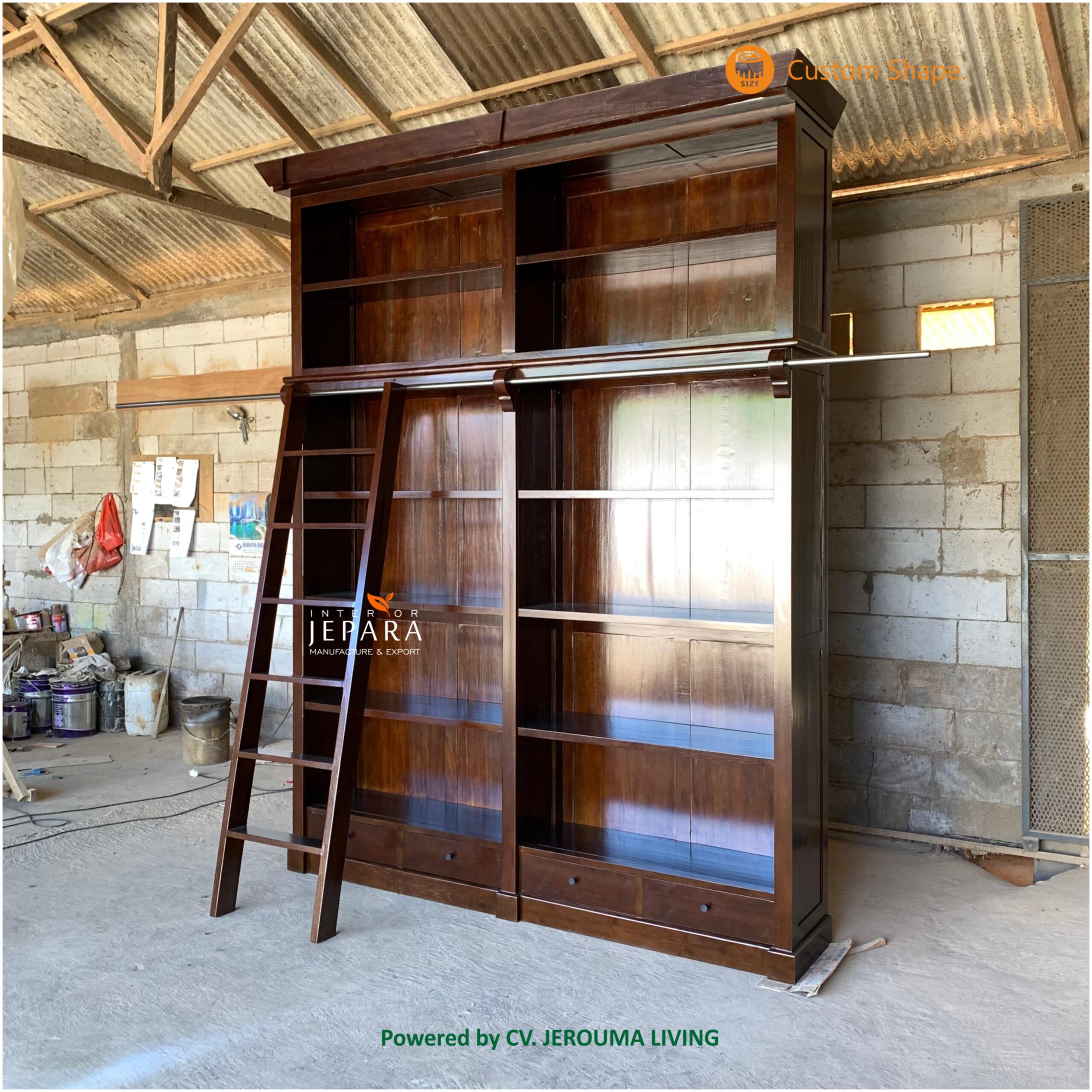 Lemari Perpustakaan Kayu Jati dengan Tangga