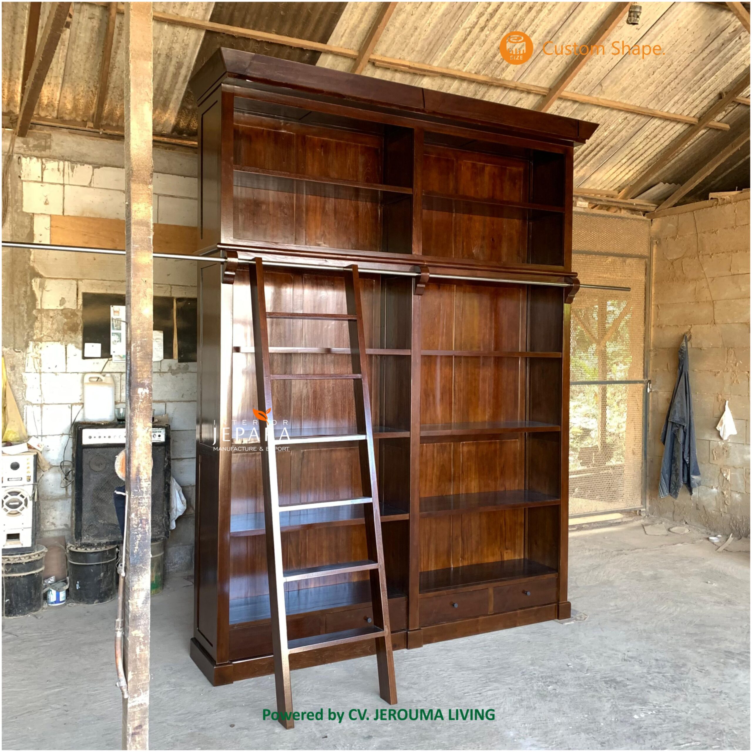 Lemari Perpustakaan Kayu Jati dengan Tangga
