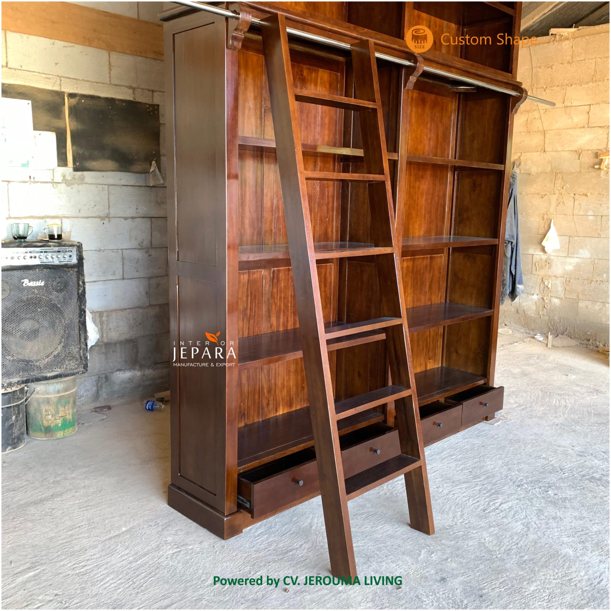 Lemari Perpustakaan Kayu Jati dengan Tangga