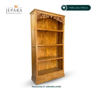 Rak Buku Kayu Jati Ukiran Klasik 4 Susun dengan 3 Laci – Interior Jepara