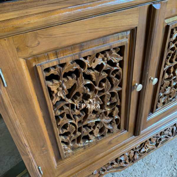 Meja TV Ukiran Motif Palembang Kayu Jati