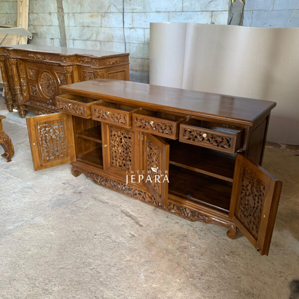 Meja TV Ukiran Motif Palembang Kayu Jati