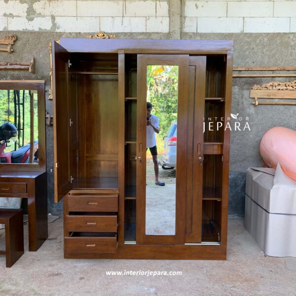 Lemari Pakaian Kayu Jati 3 Pintu Minimalis dengan Cermin dan Laci