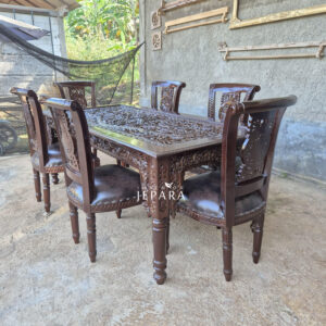 Set Meja Makan Ukiran Seribu Bunga 6 Kursi Kayu Jati