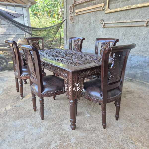 Set Meja Makan Ukiran Seribu Bunga 6 Kursi Kayu Jati